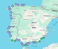 Map of Spain and Portugal with various icons indicating locations or points of interest.