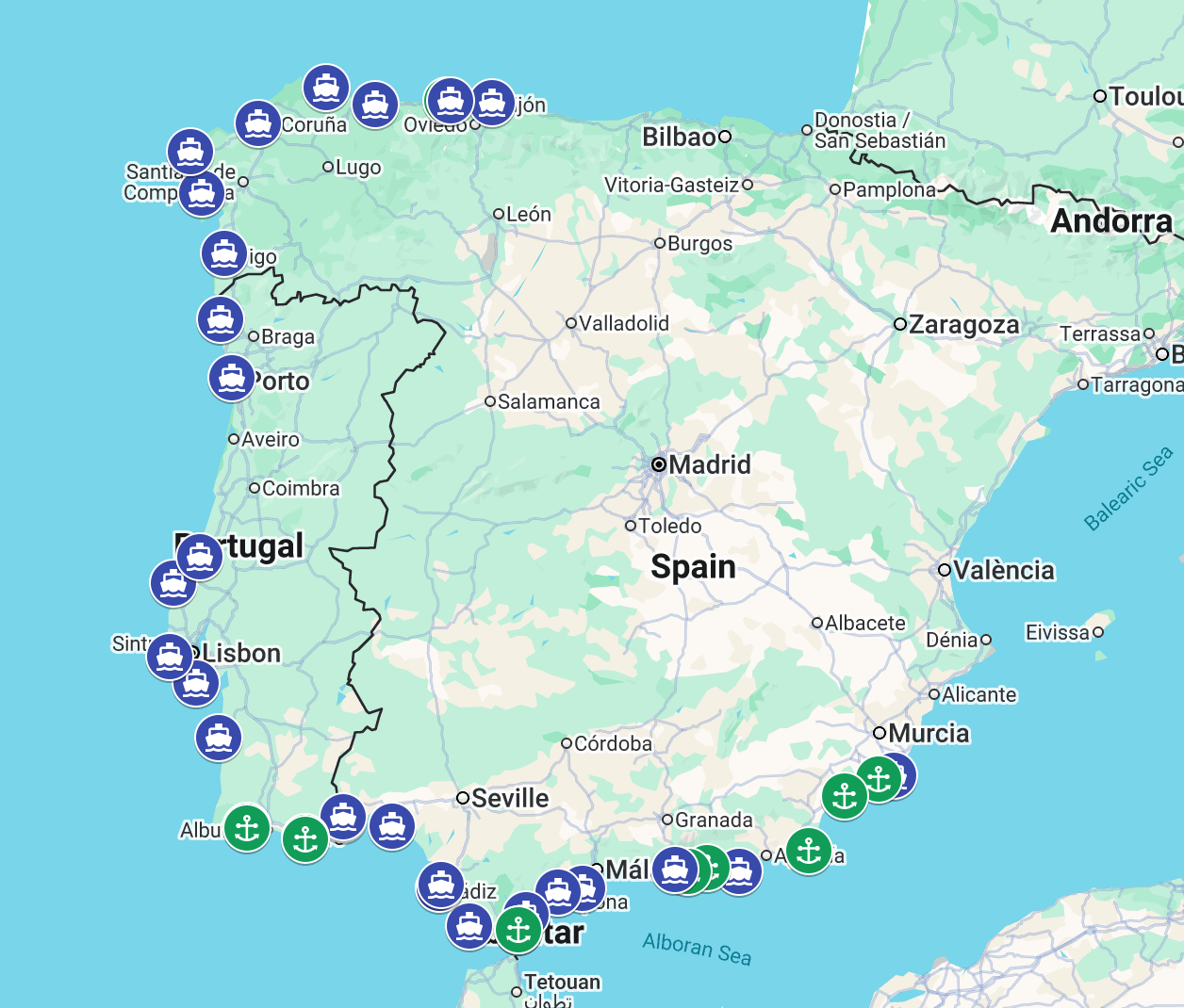 Map of Spain and Portugal with various icons indicating locations or points of interest.
