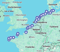 Map of Europe with a route marked by blue icons, showing travel destinations.