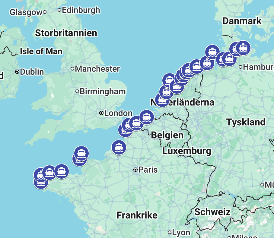 Map of Europe with a route marked by blue icons, showing travel destinations.