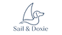 A simple navy blue line drawing of a dachshund with a sailboat-shaped sail above the words 'Sail & Doxie' on a plain background.