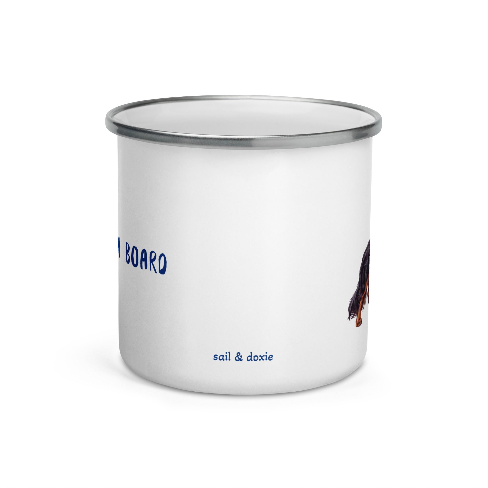 Sail & Doxie Enamel Mug – Dachshund (Long Hair) On Board