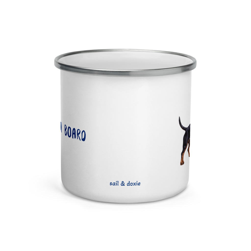 Sail & Doxie Enamel Mug – Dachshund (Black & Tan) On Board