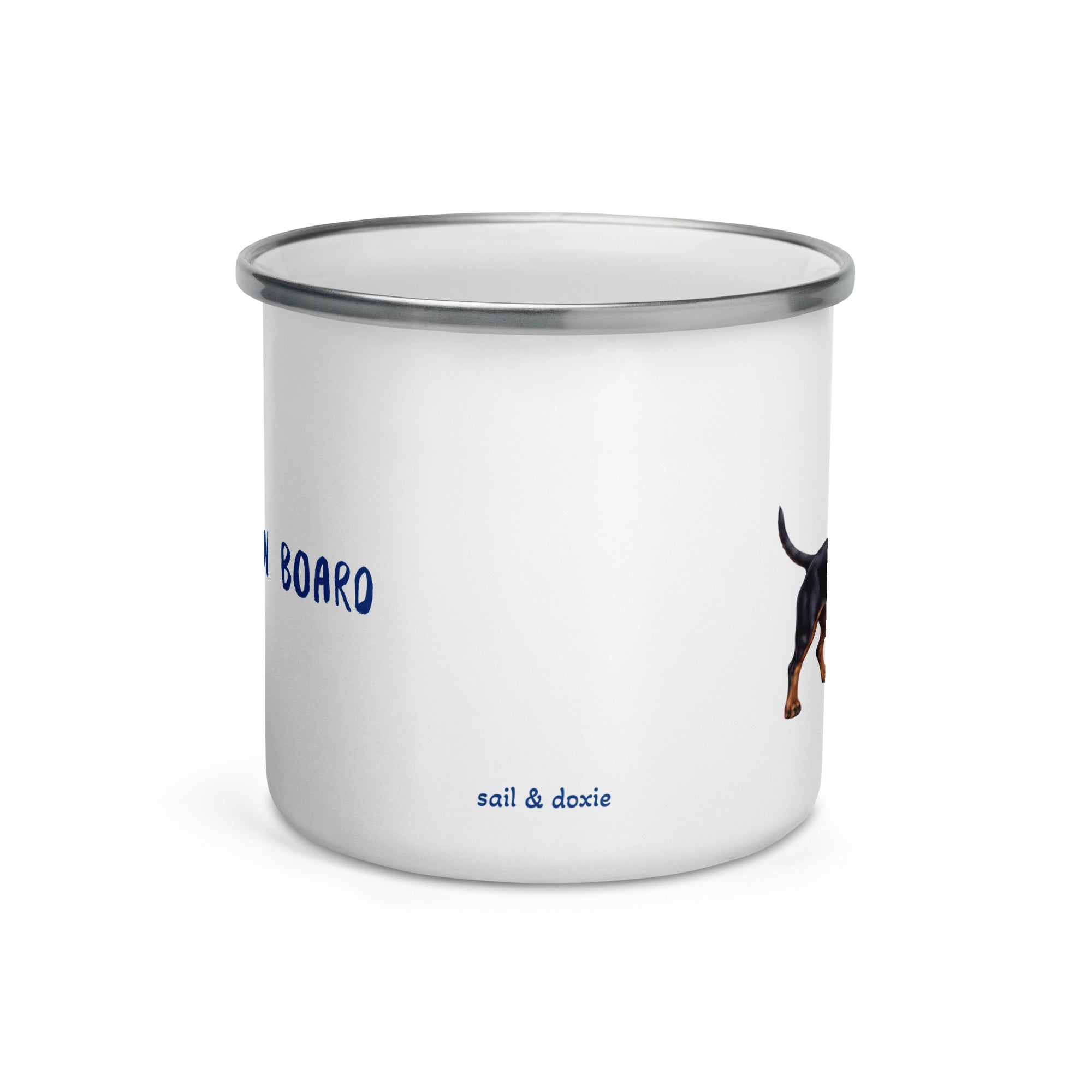 Sail & Doxie Enamel Mug – Dachshund (Black & Tan) On Board
