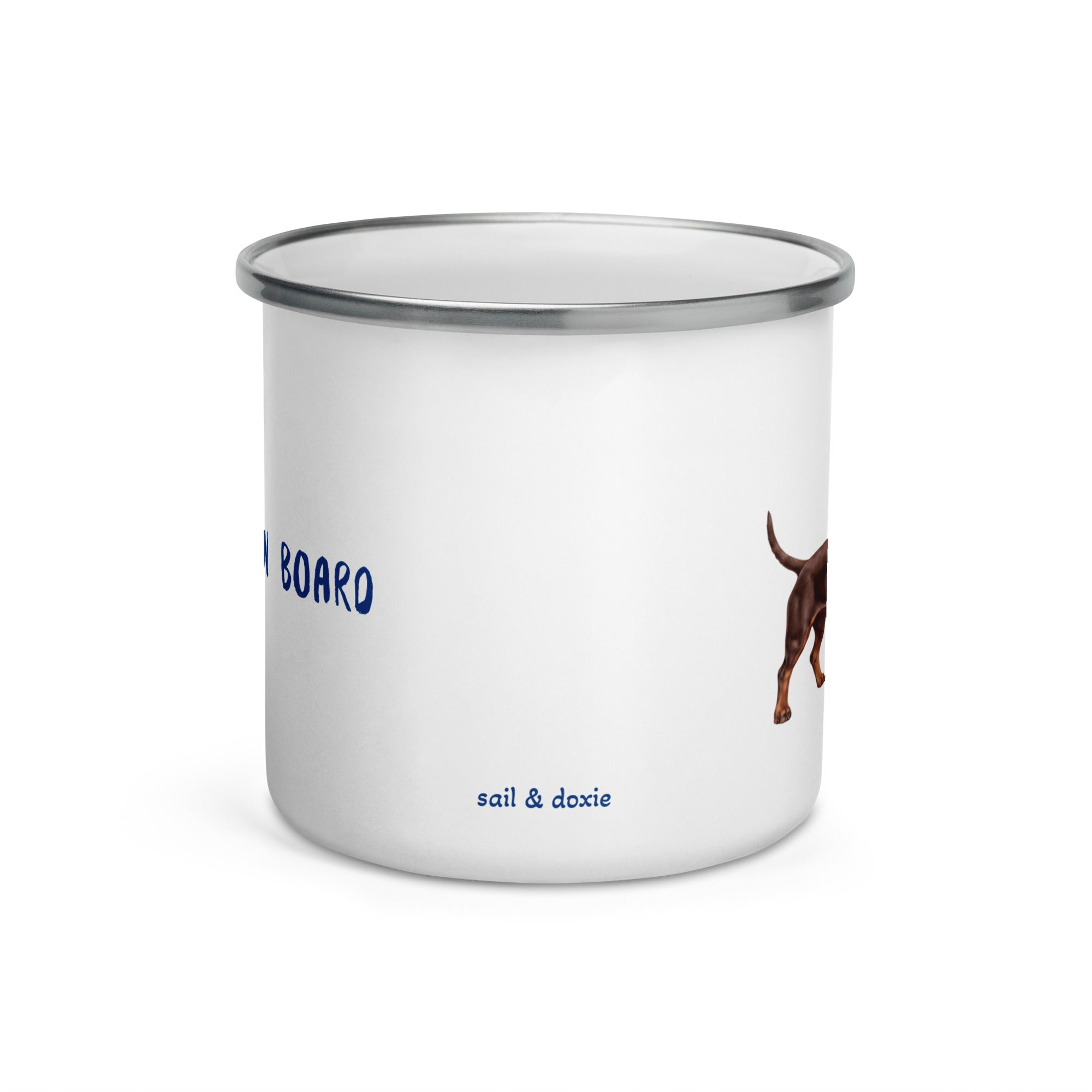 Sail & Doxie Enamel Mug – Dachshund (Chocolate) On Board