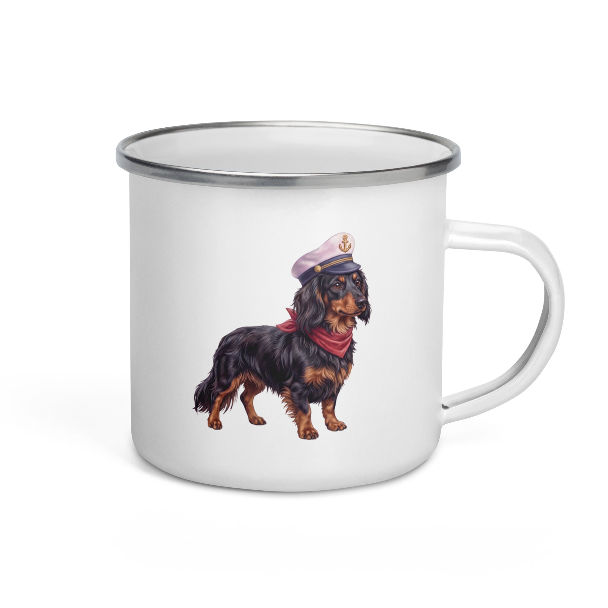 Sail & Doxie Enamel Mug – Dachshund (Long Hair) On Board
