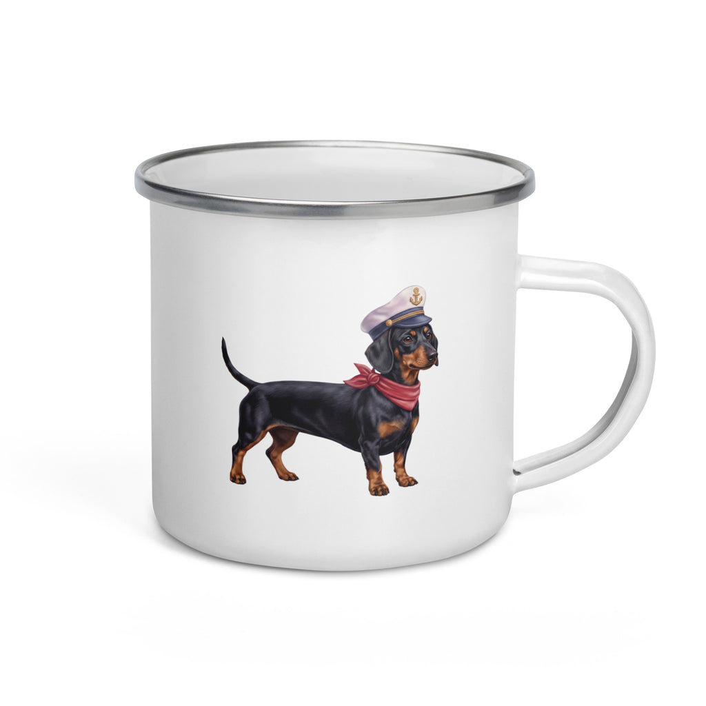 Sail & Doxie Enamel Mug – Dachshund (Black & Tan) On Board