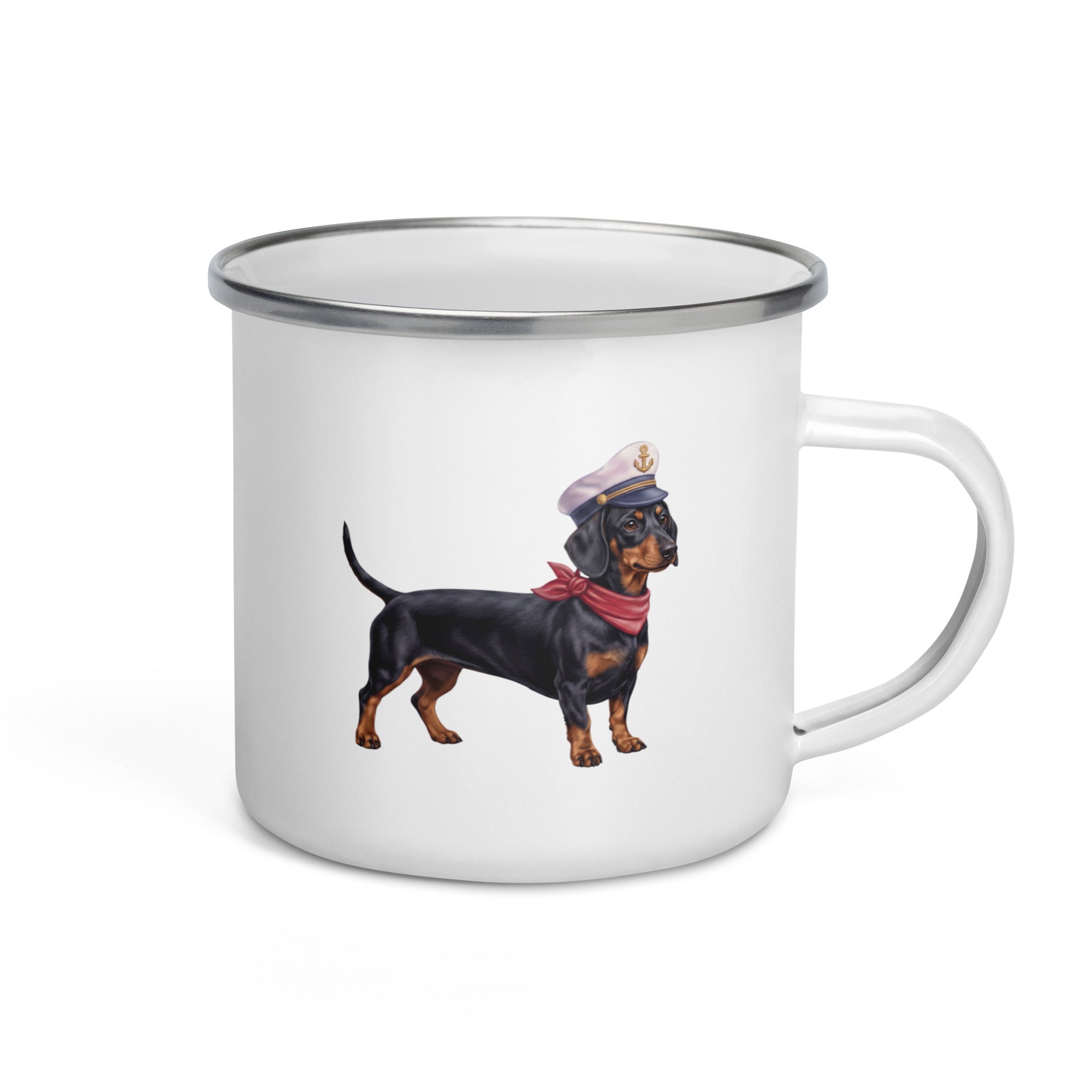 Sail & Doxie Enamel Mug – Dachshund (Black & Tan) On Board