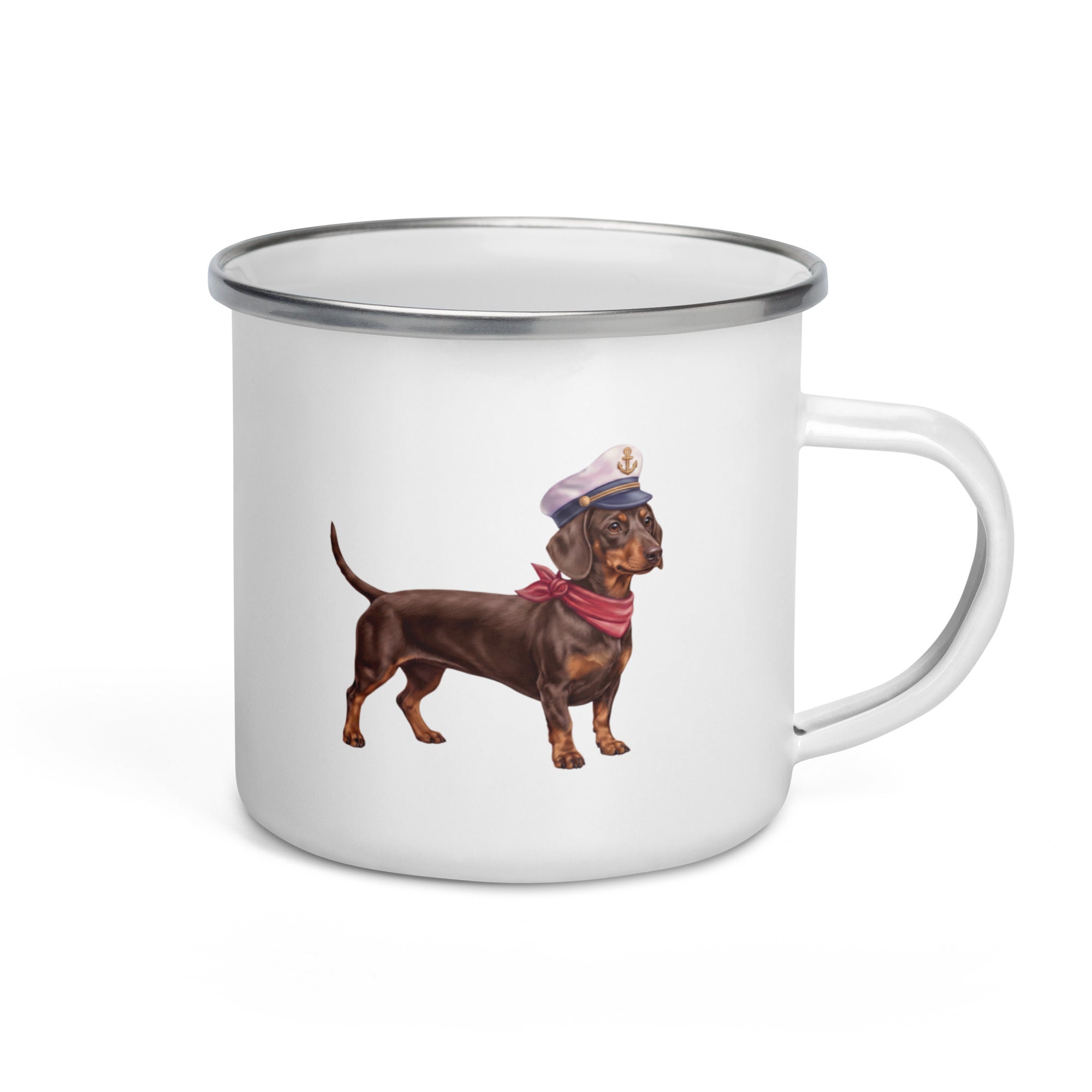 Sail & Doxie Enamel Mug – Dachshund (Chocolate) On Board
