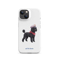 A white phone case featuring a printed illustration of a black poodle wearing a navy captain's hat and red scarf, with the text 'sail & doxie' printed below in blue. The case is shown on a clean white background.