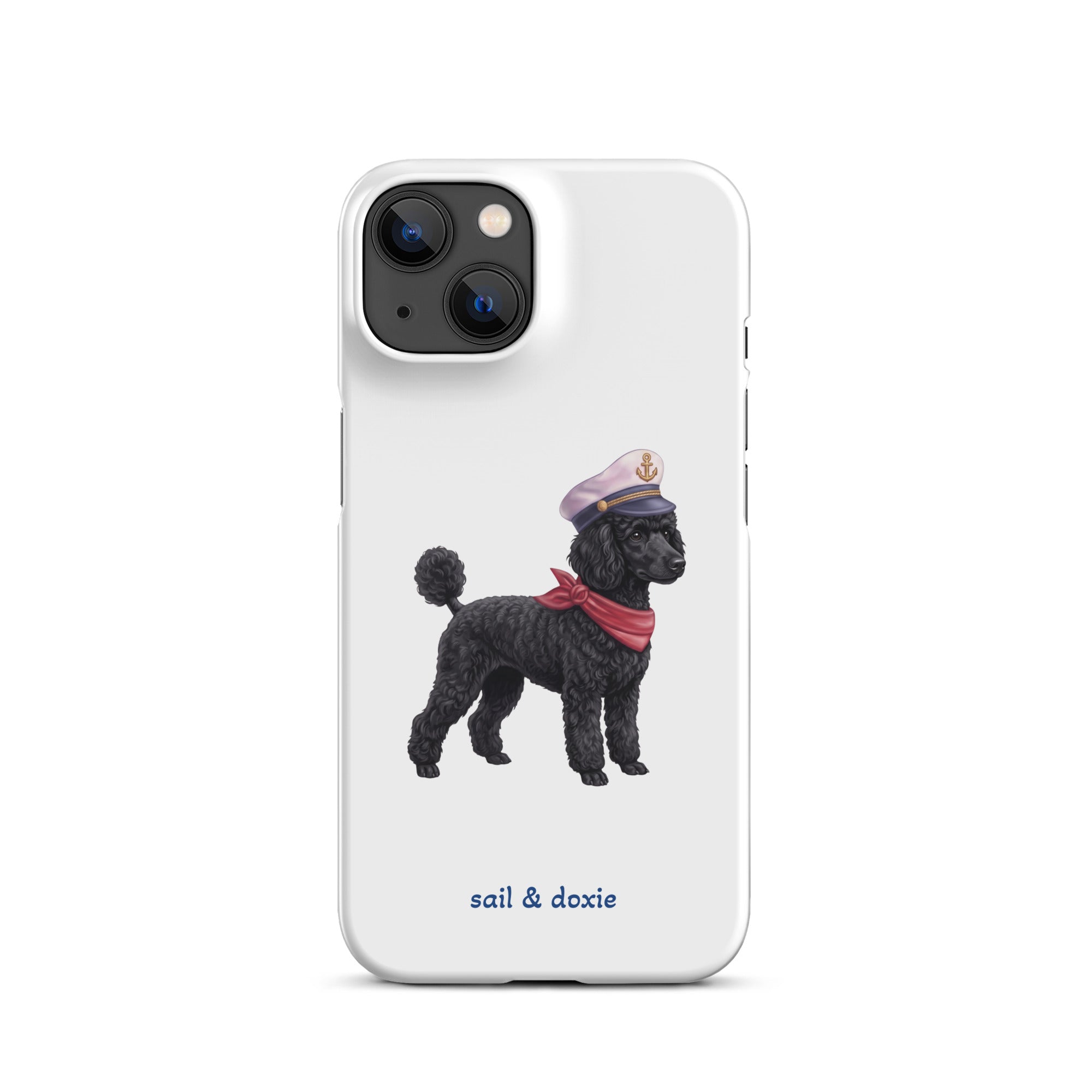 A white phone case featuring a printed illustration of a black poodle wearing a navy captain's hat and red scarf, with the text 'sail & doxie' printed below in blue. The case is shown on a clean white background.