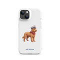 A white phone case featuring a printed illustration of a doodle dog wearing a captain's hat and red neck scarf, with the text 'sail & doxie' printed below in blue. The case is shown on a clean white background.