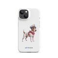 A white phone case featuring an illustration of a Jack Russell Terrier dressed as a sailor with a captain's hat and red neck scarf, with the text 'sail & doxie' printed below.
