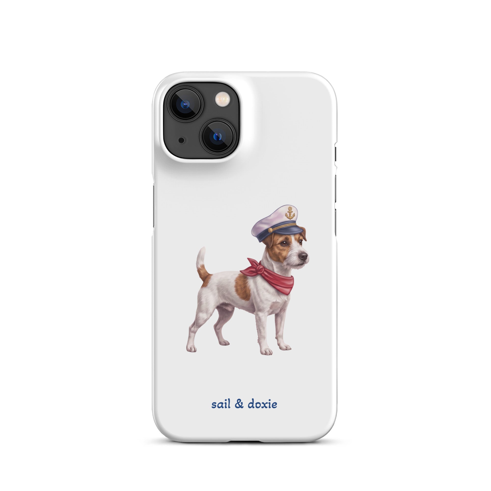 A white phone case featuring an illustration of a Jack Russell Terrier dressed as a sailor with a captain's hat and red neck scarf, with the text 'sail & doxie' printed below.