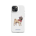 A white phone case featuring an illustration of a pug wearing a navy captain's hat and red neck scarf, with the text 'sail & doxie' printed below in blue. 