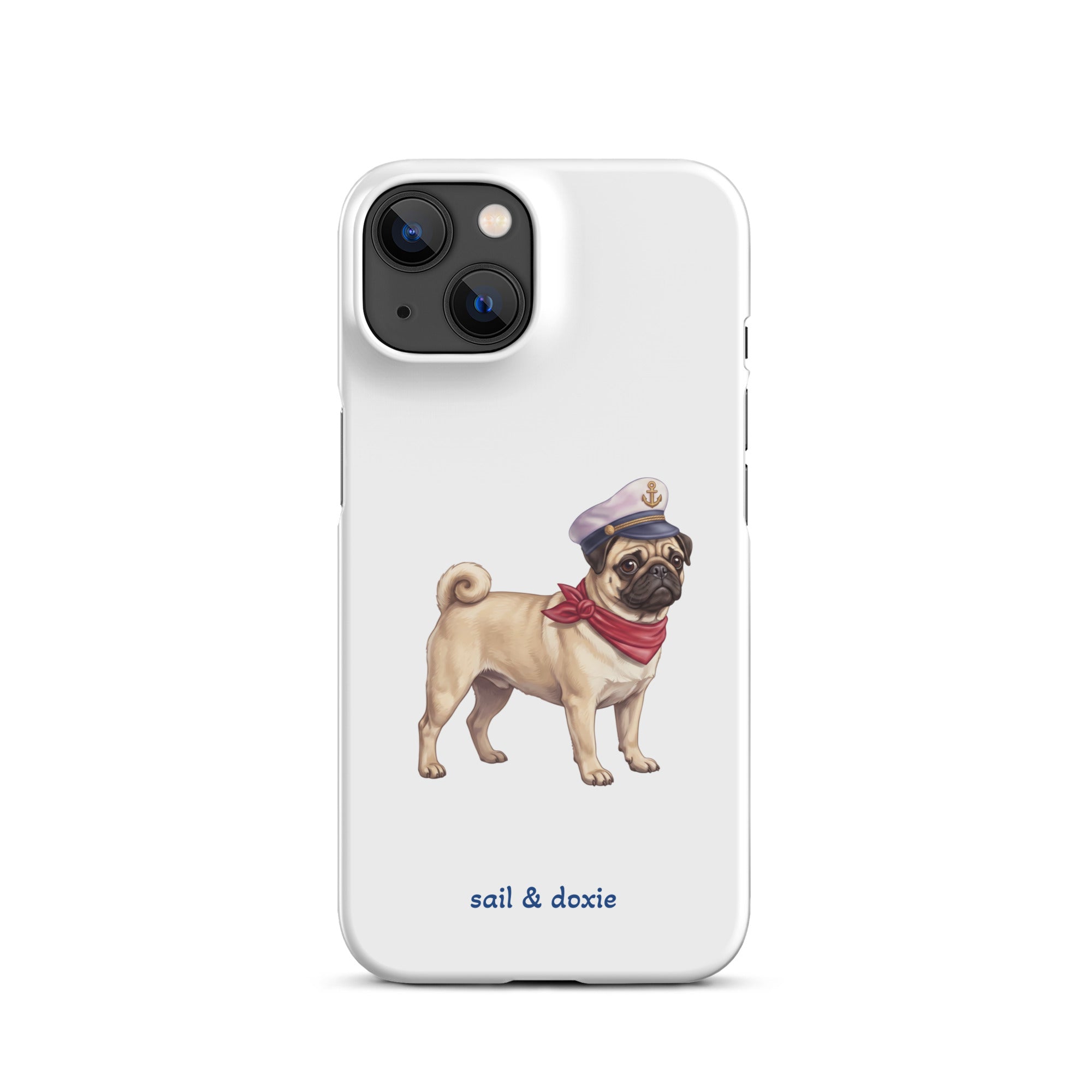 A white phone case featuring an illustration of a pug wearing a navy captain's hat and red neck scarf, with the text 'sail & doxie' printed below in blue. 