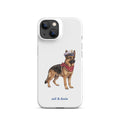 A white phone case featuring an illustration of a german shepherd wearing a captain's hat and red neckerchief, with the text 'sail & doxie' printed below. The case has a black camera cutout area and is shown on a plain white background.