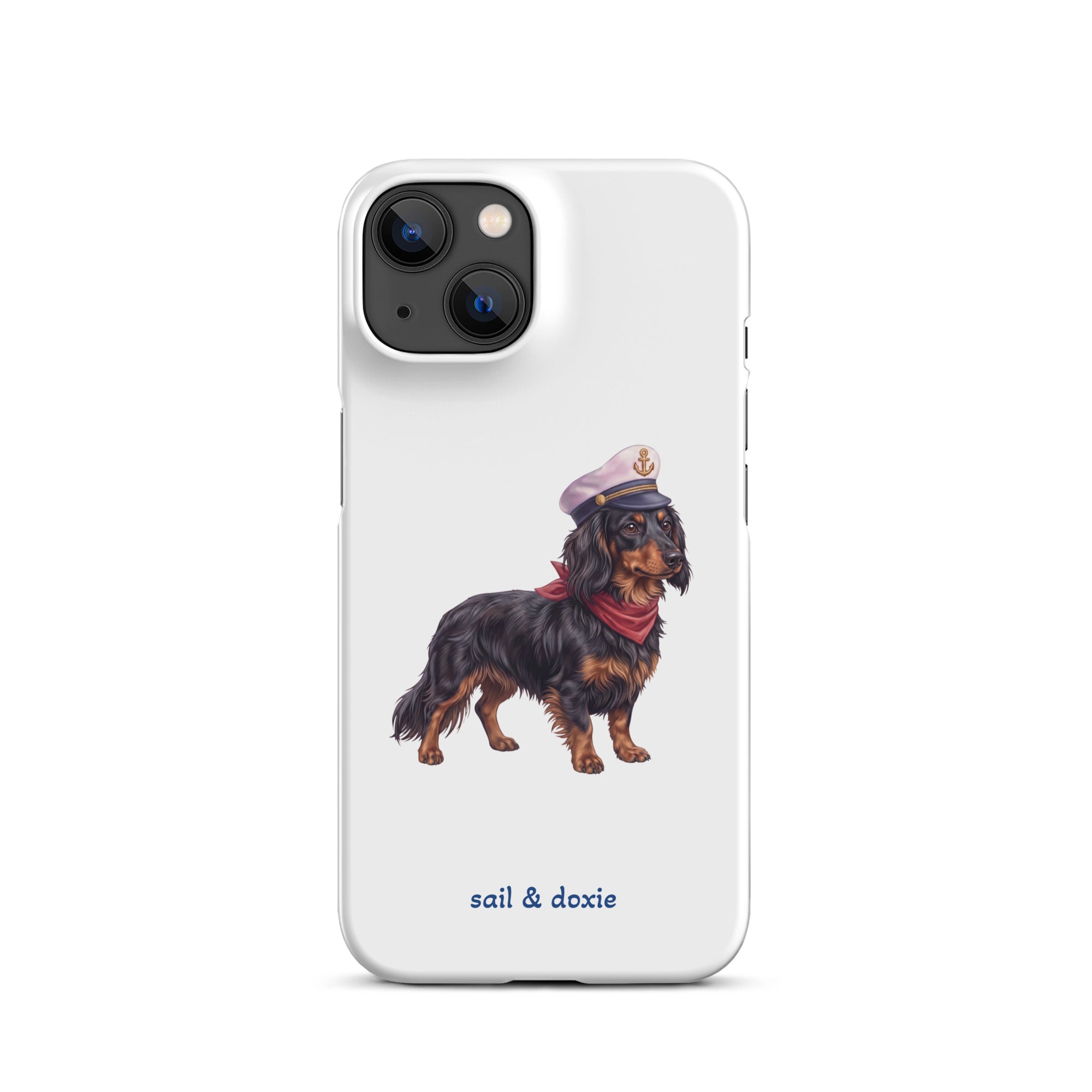 Sail & Doxie iPhone Case – Dachshund (long hair) with captain's hat on a white background