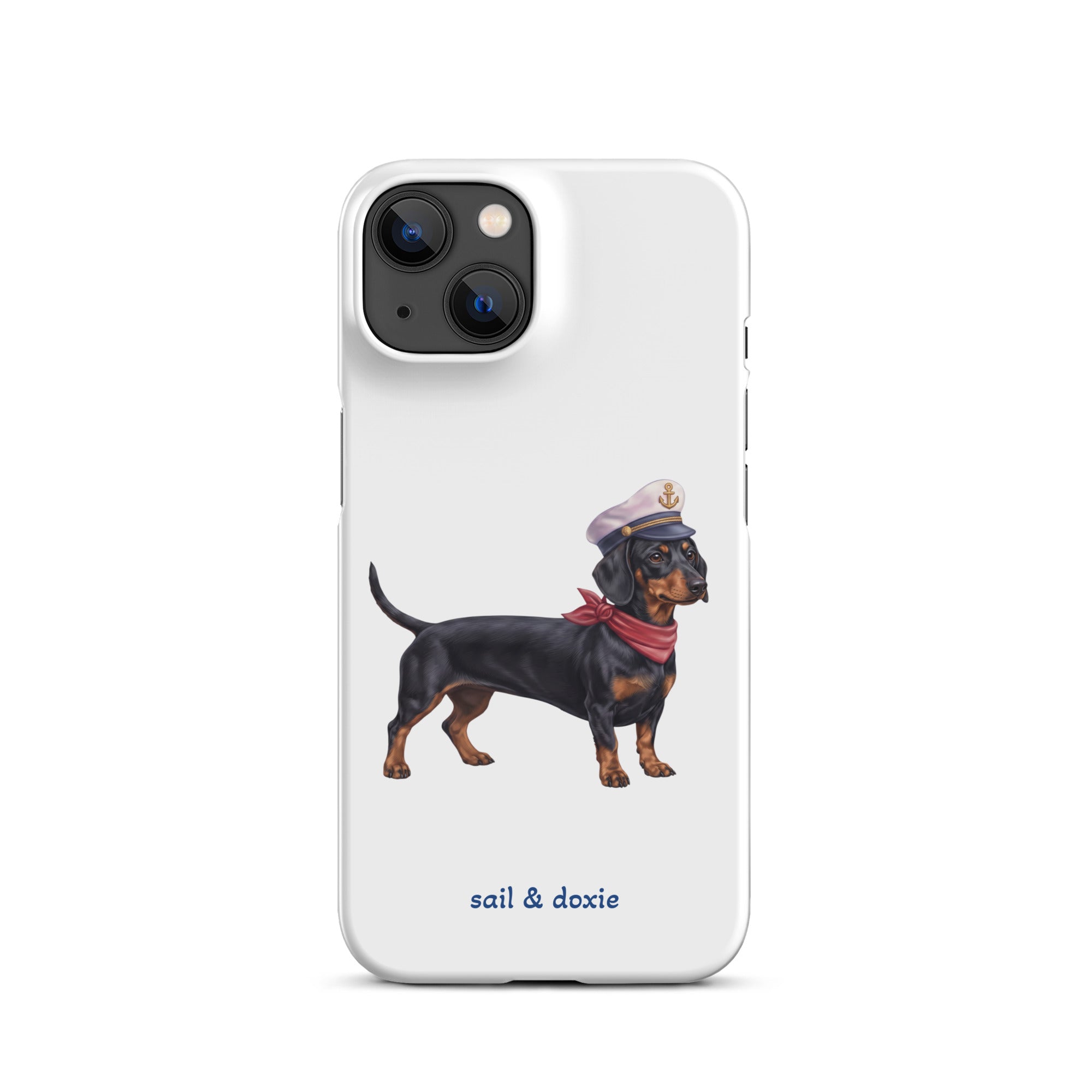 Sail & Doxie iPhone Case – Dachshund (black & tan) with captain's hat on a white background