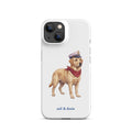 A white phone case featuring an illustration of a yellow Labrador dressed as a sailor with a captain's hat and red neck scarf, with the text 'sail & doxie' printed below.