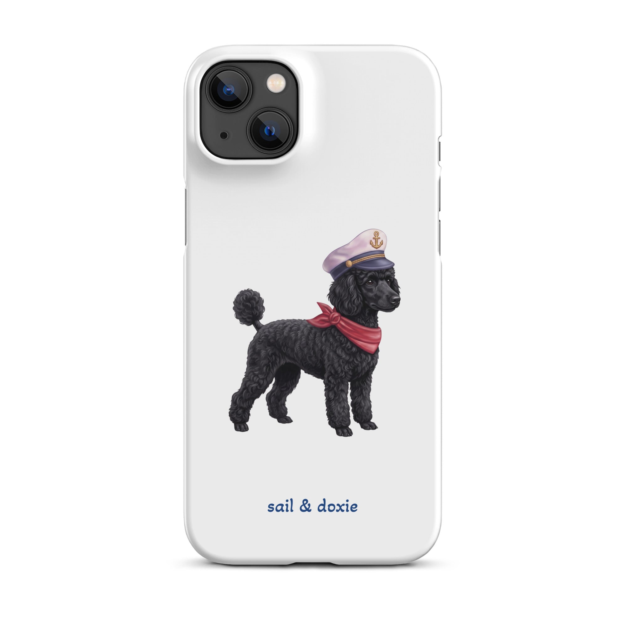 A white phone case featuring a printed illustration of a black poodle wearing a navy captain's hat and red scarf, with the text 'sail & doxie' printed below in blue. The case is shown on a clean white background.