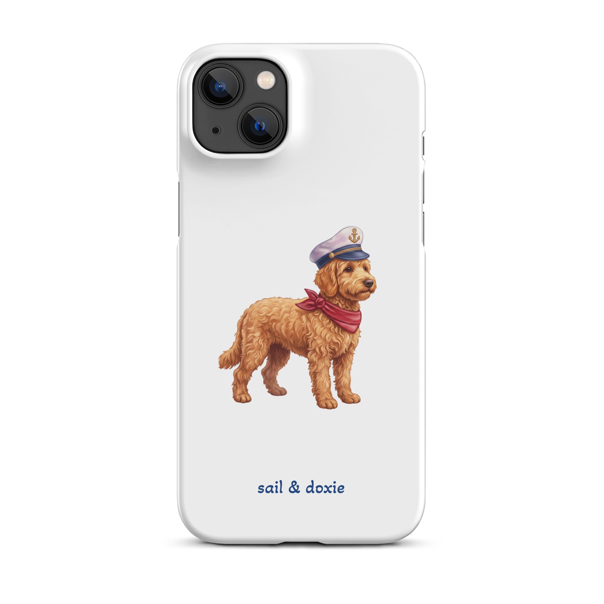 A white phone case featuring a printed illustration of a doodle dog wearing a captain's hat and red neck scarf, with the text 'sail & doxie' printed below in blue. The case is shown on a clean white background.