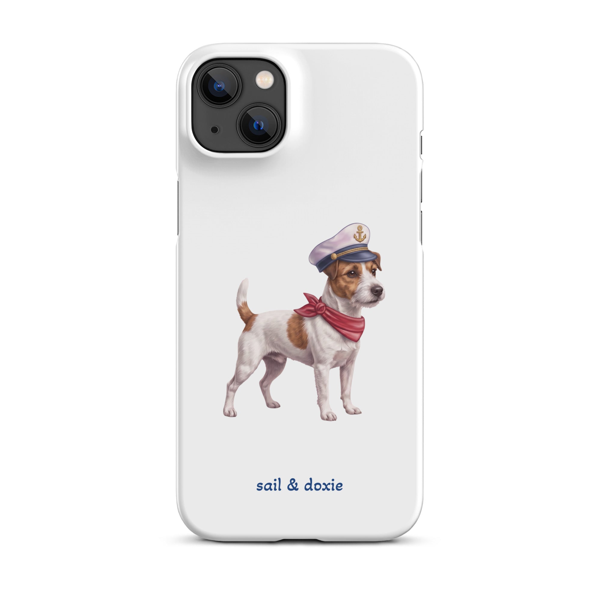 A white phone case featuring an illustration of a Jack Russell Terrier dressed as a sailor with a captain's hat and red neck scarf, with the text 'sail & doxie' printed below.