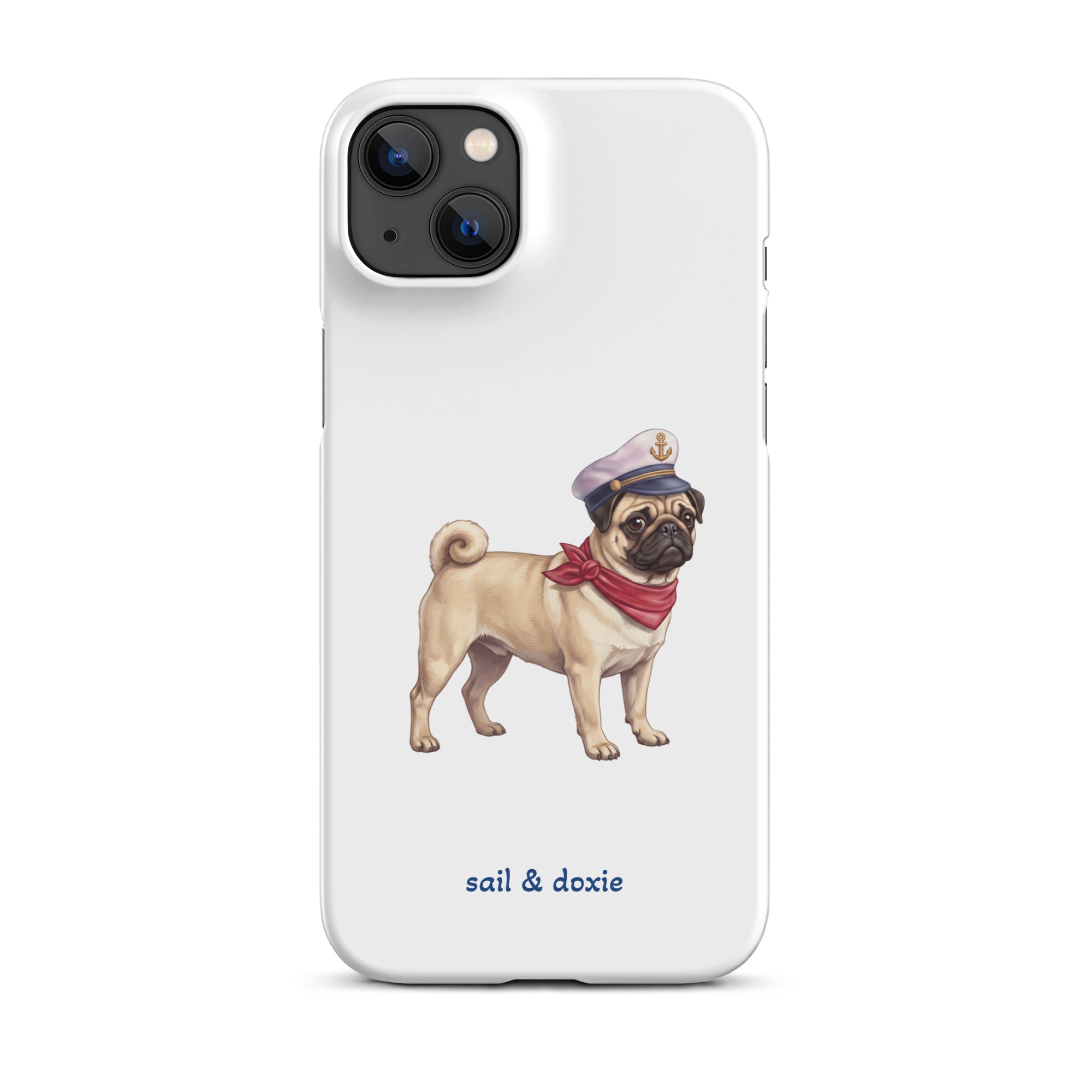 A white phone case featuring an illustration of a pug wearing a navy captain's hat and red neck scarf, with the text 'sail & doxie' printed below in blue. 