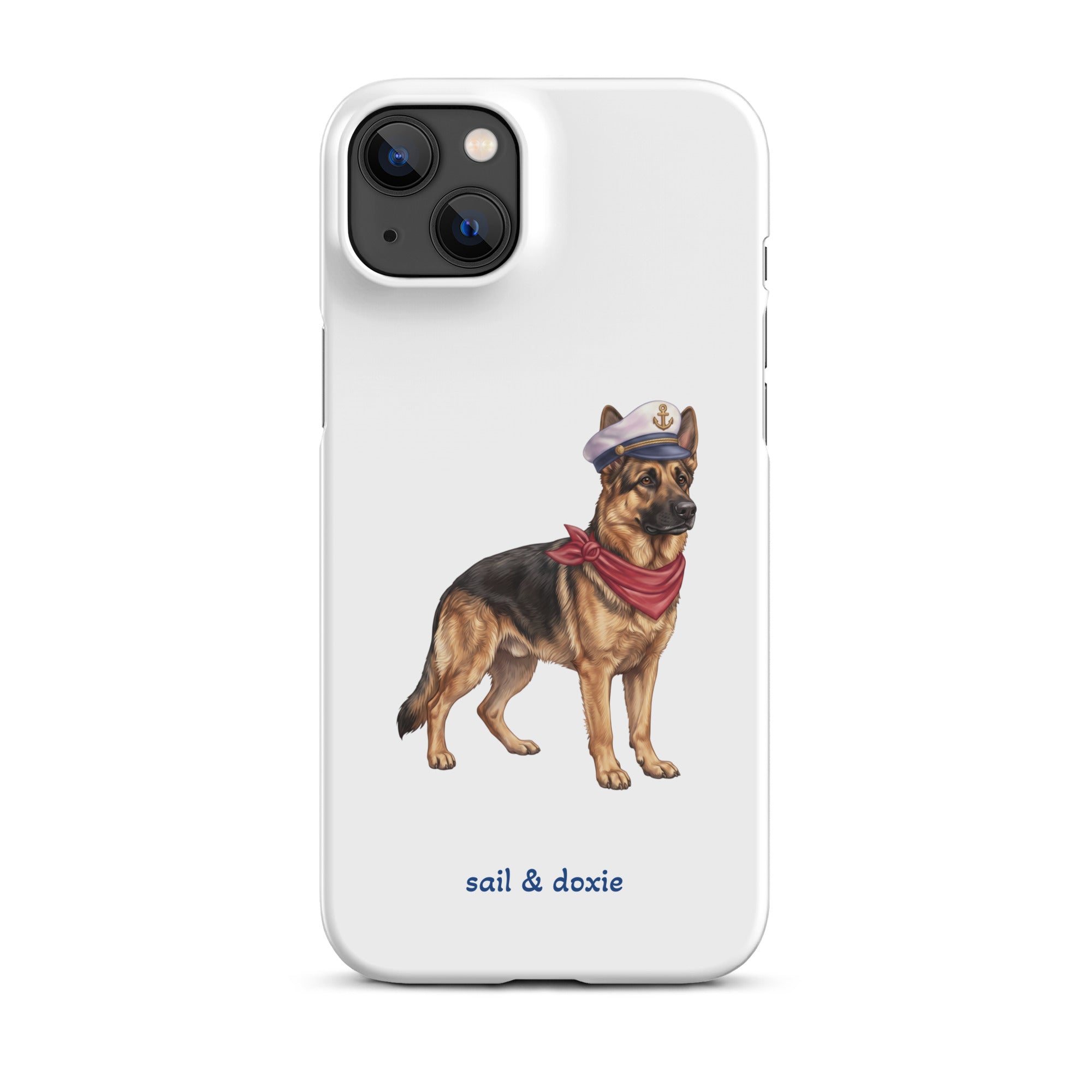 A white phone case featuring an illustration of a german shepherd wearing a captain's hat and red neckerchief, with the text 'sail & doxie' printed below. The case has a black camera cutout area and is shown on a plain white background.