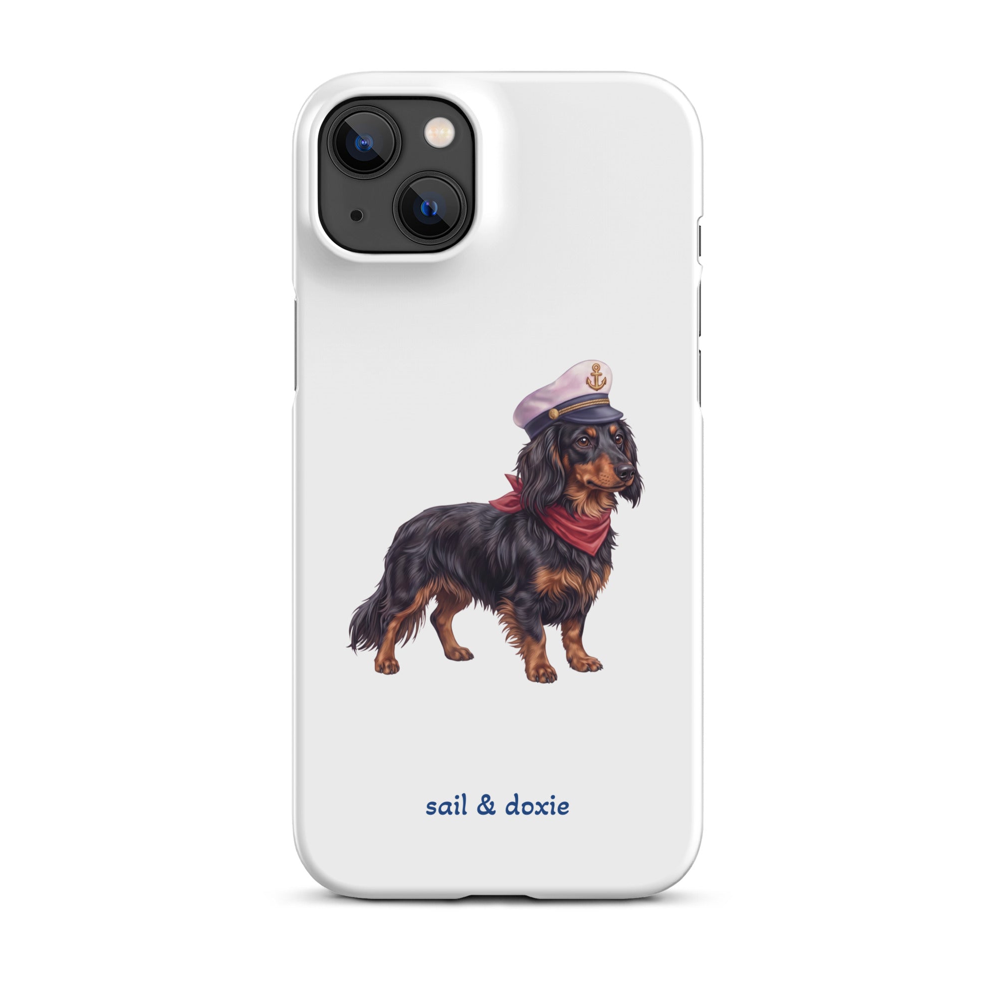 Sail & Doxie iPhone Case – Dachshund (long hair) with captain's hat on a white background
