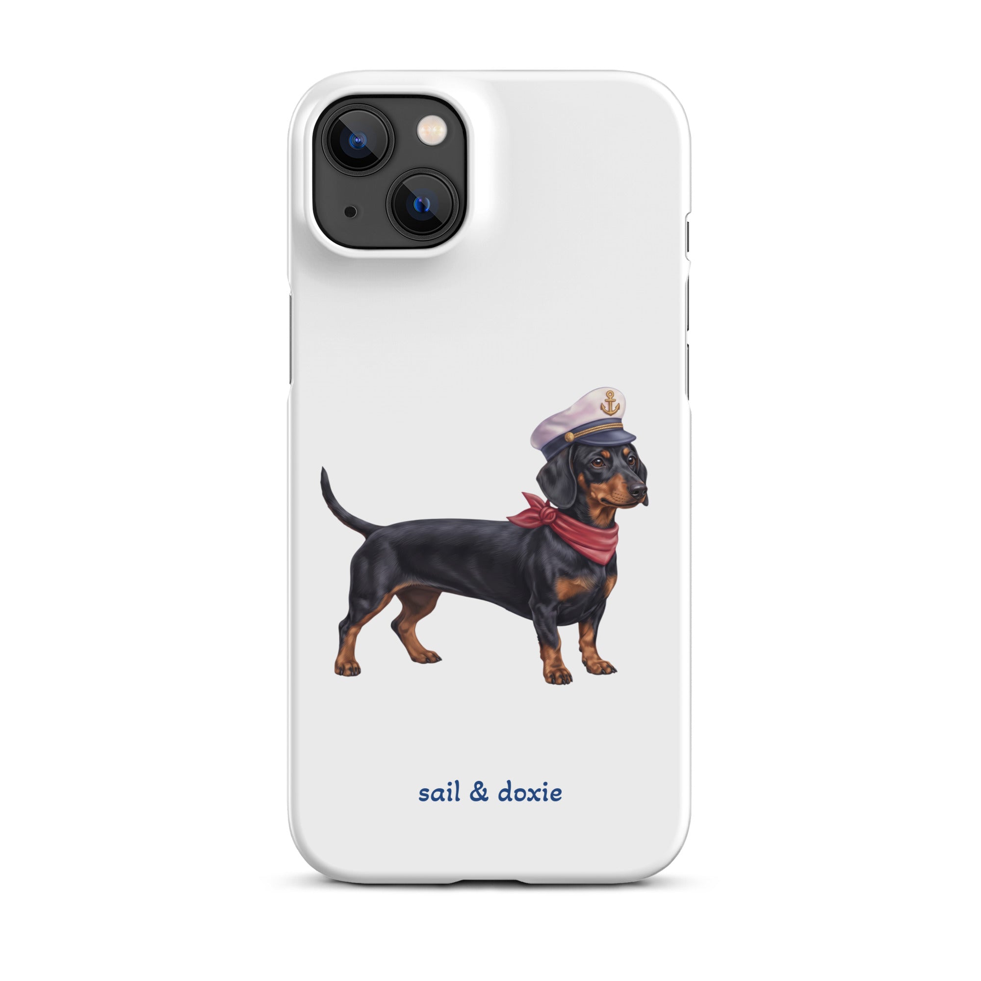 Sail & Doxie iPhone Case – Dachshund (black & tan) with captain's hat on a white background