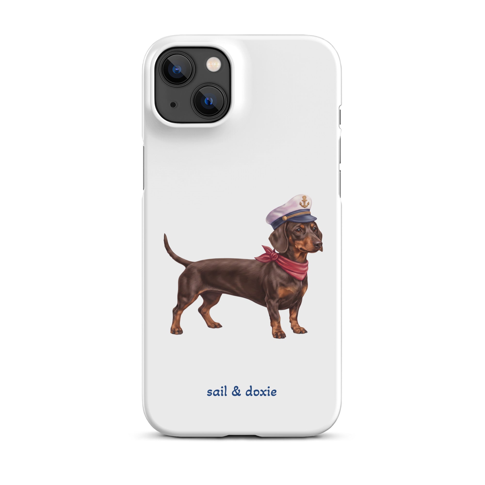 Sail & Doxie iPhone Case – Dachshund (chocolate) with captain's hat on a white background