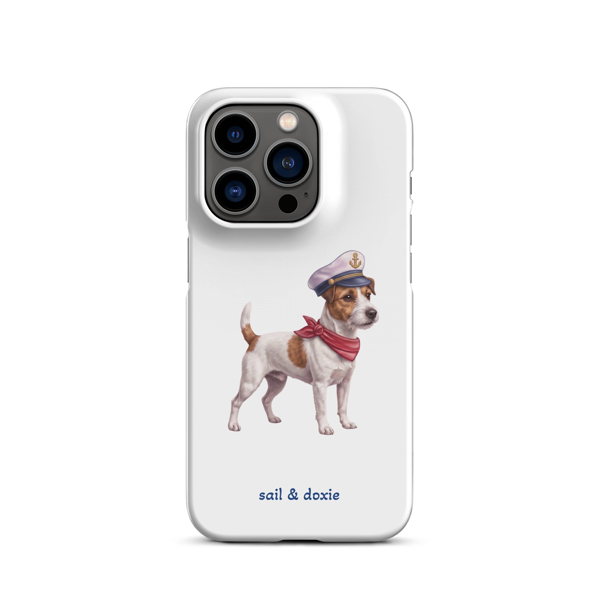 A white phone case featuring an illustration of a Jack Russell Terrier dressed as a sailor with a captain's hat and red neck scarf, with the text 'sail & doxie' printed below.