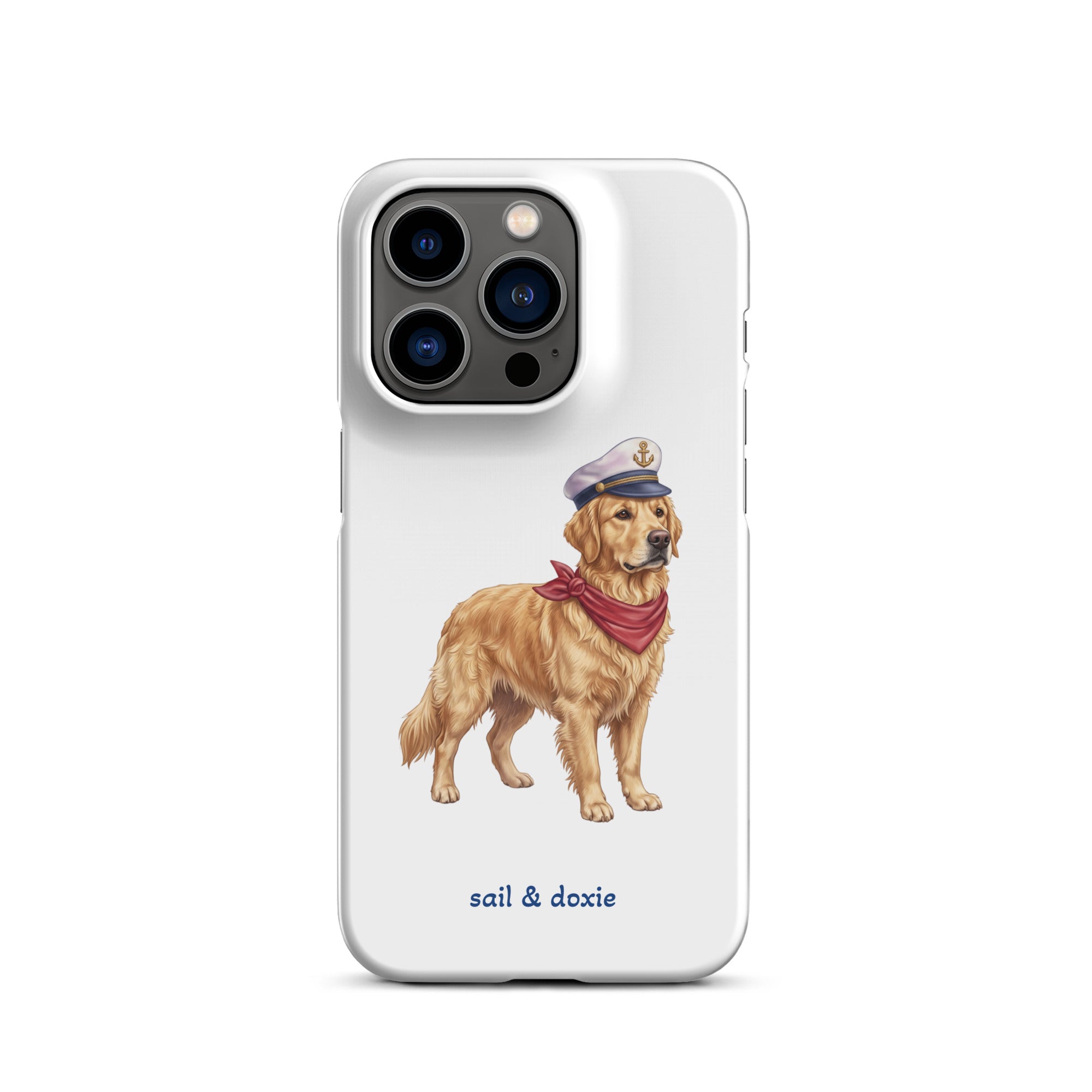 A white phone case featuring an illustration of a golden retriever dog dressed as a sailor in a white hat and red bandana, with the text 'sail & doxie' printed below. The case is shown on a clean white background.