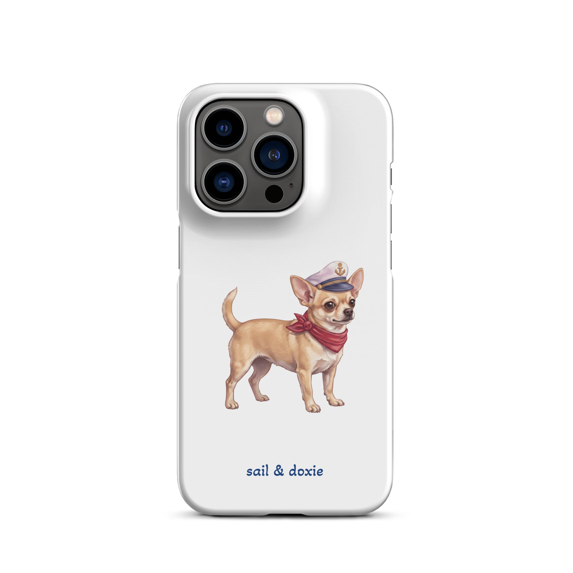 Sail & Doxie iPhone Case with a Chihuahua on a white background.