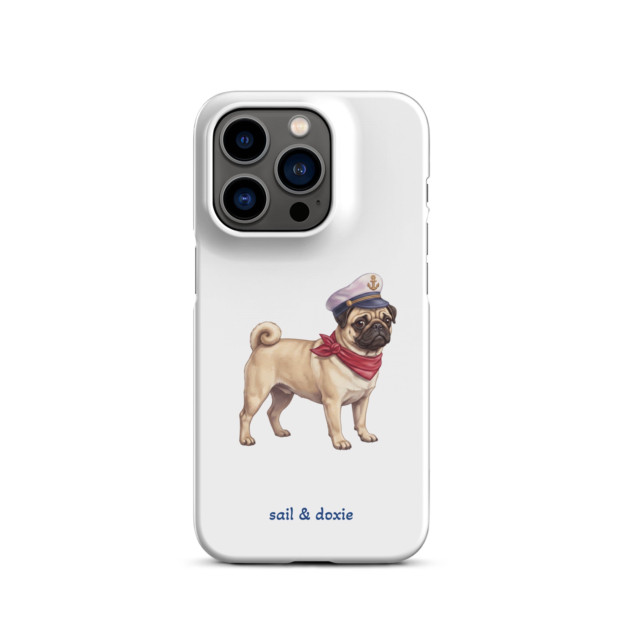 A white phone case featuring an illustration of a pug wearing a navy captain's hat and red neck scarf, with the text 'sail & doxie' printed below in blue. 