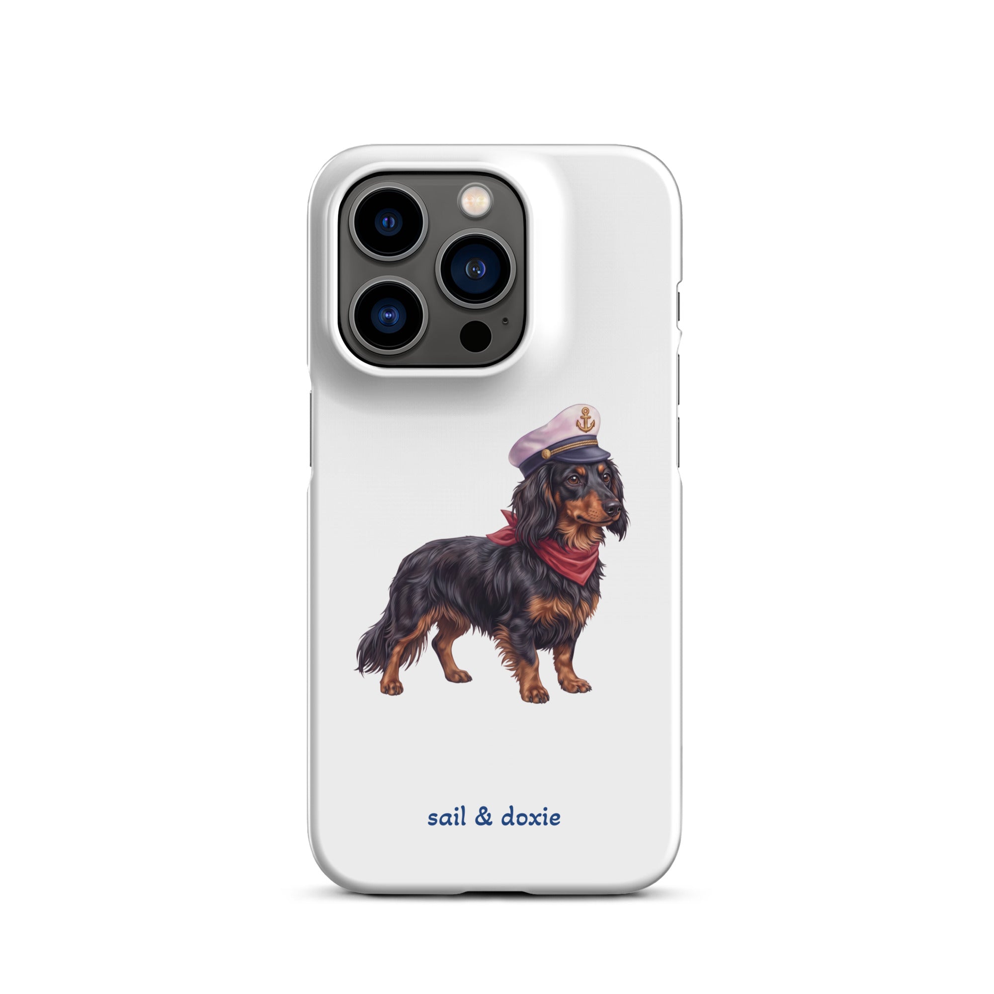 Sail & Doxie iPhone Case – Dachshund (long hair) with captain's hat on a white background