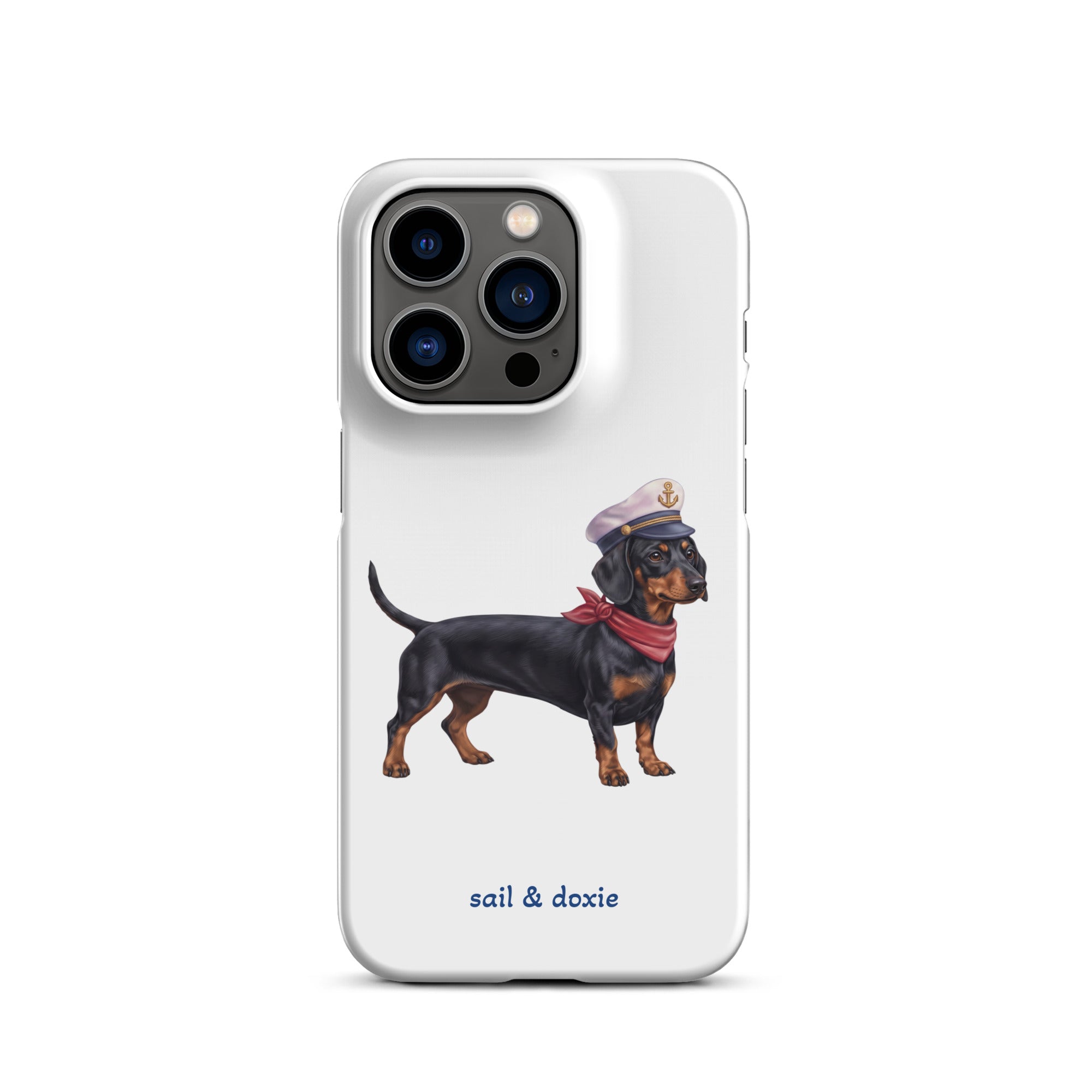 Sail & Doxie iPhone Case – Dachshund (black & tan) with captain's hat on a white background