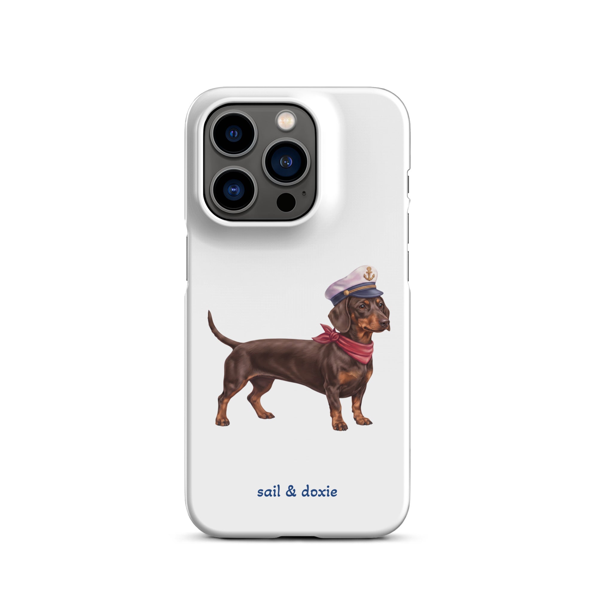 Sail & Doxie iPhone Case – Dachshund (chocolate) with captain's hat on a white background