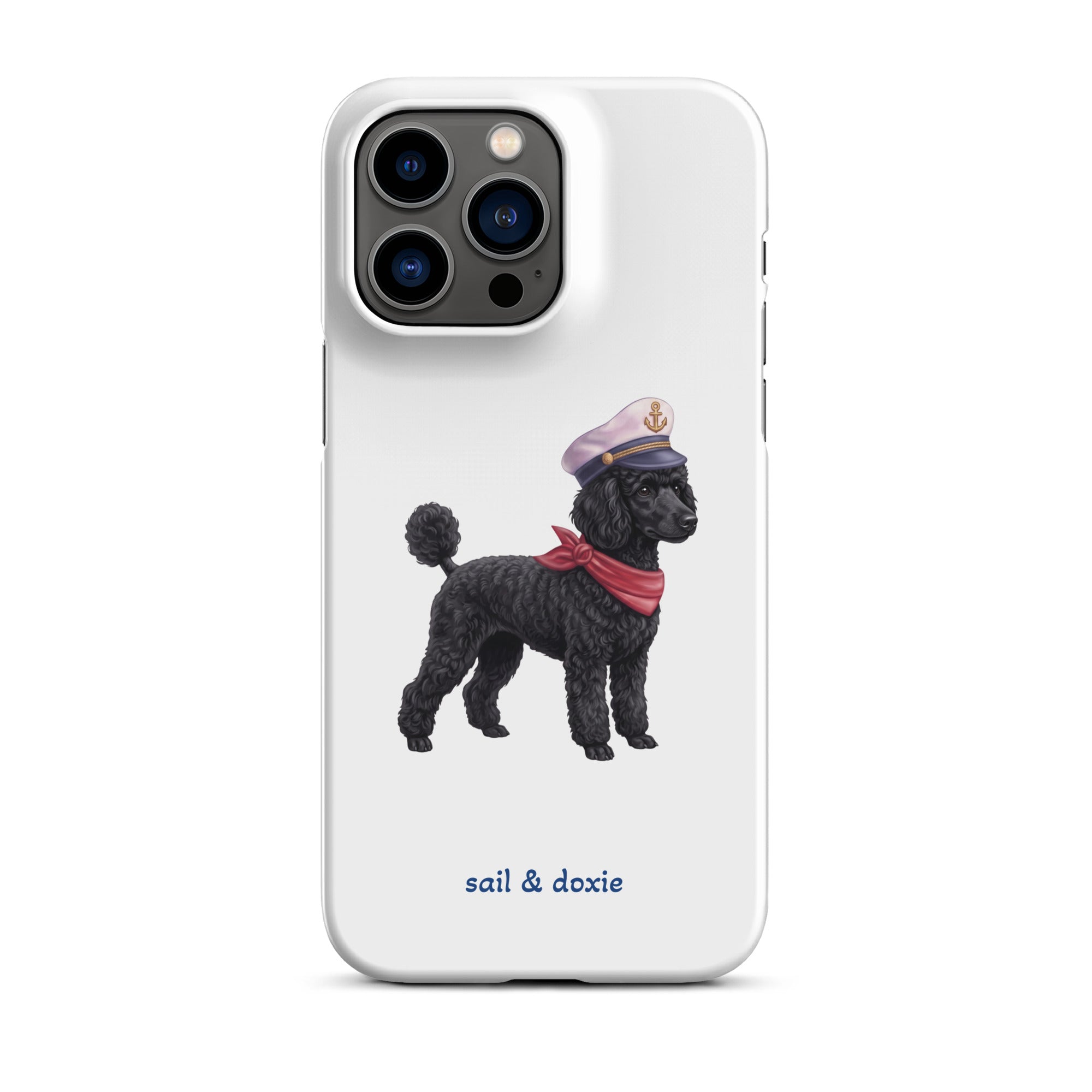 A white phone case featuring a printed illustration of a black poodle wearing a navy captain's hat and red scarf, with the text 'sail & doxie' printed below in blue. The case is shown on a clean white background.