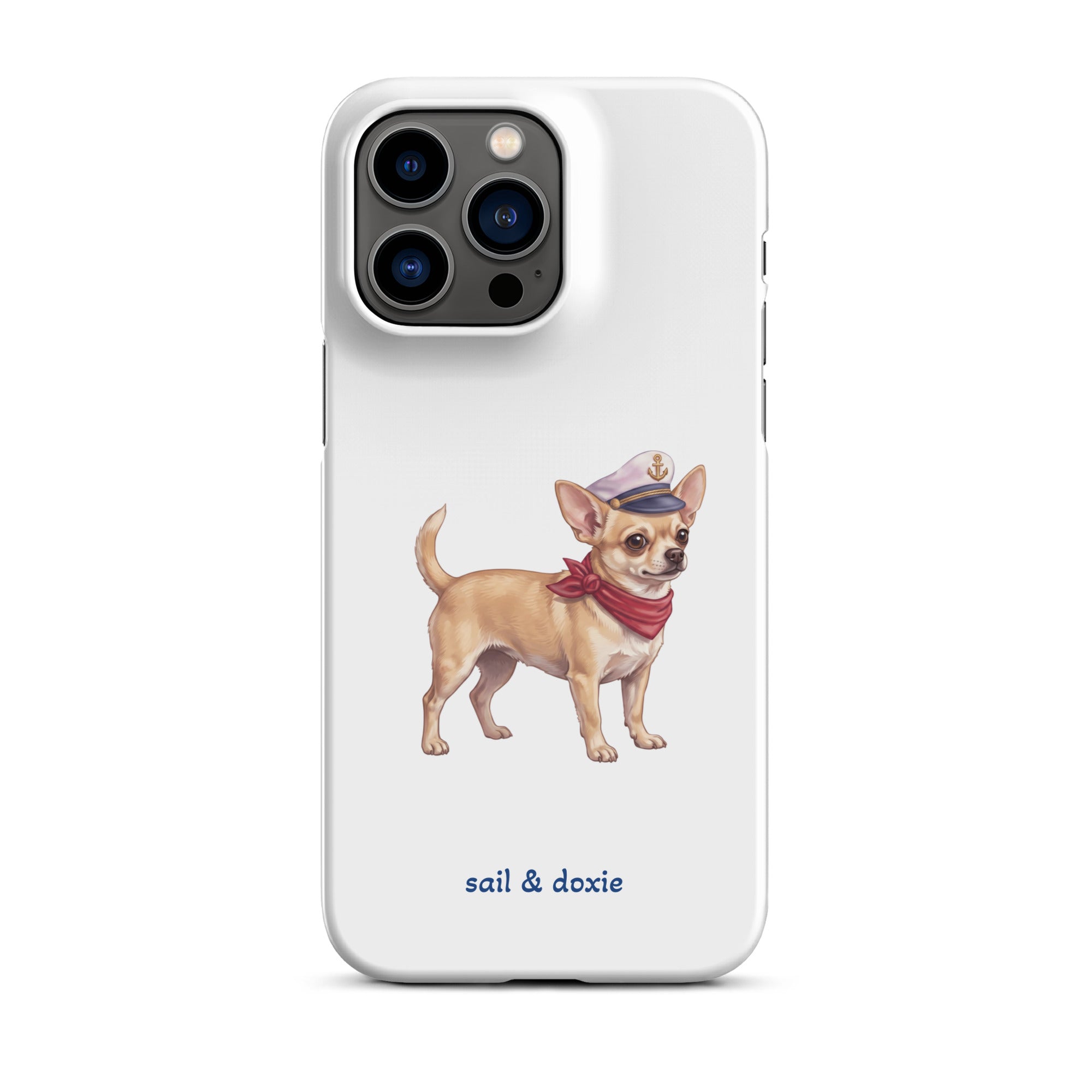 Sail & Doxie iPhone Case with a Chihuahua  Captain on a white background.