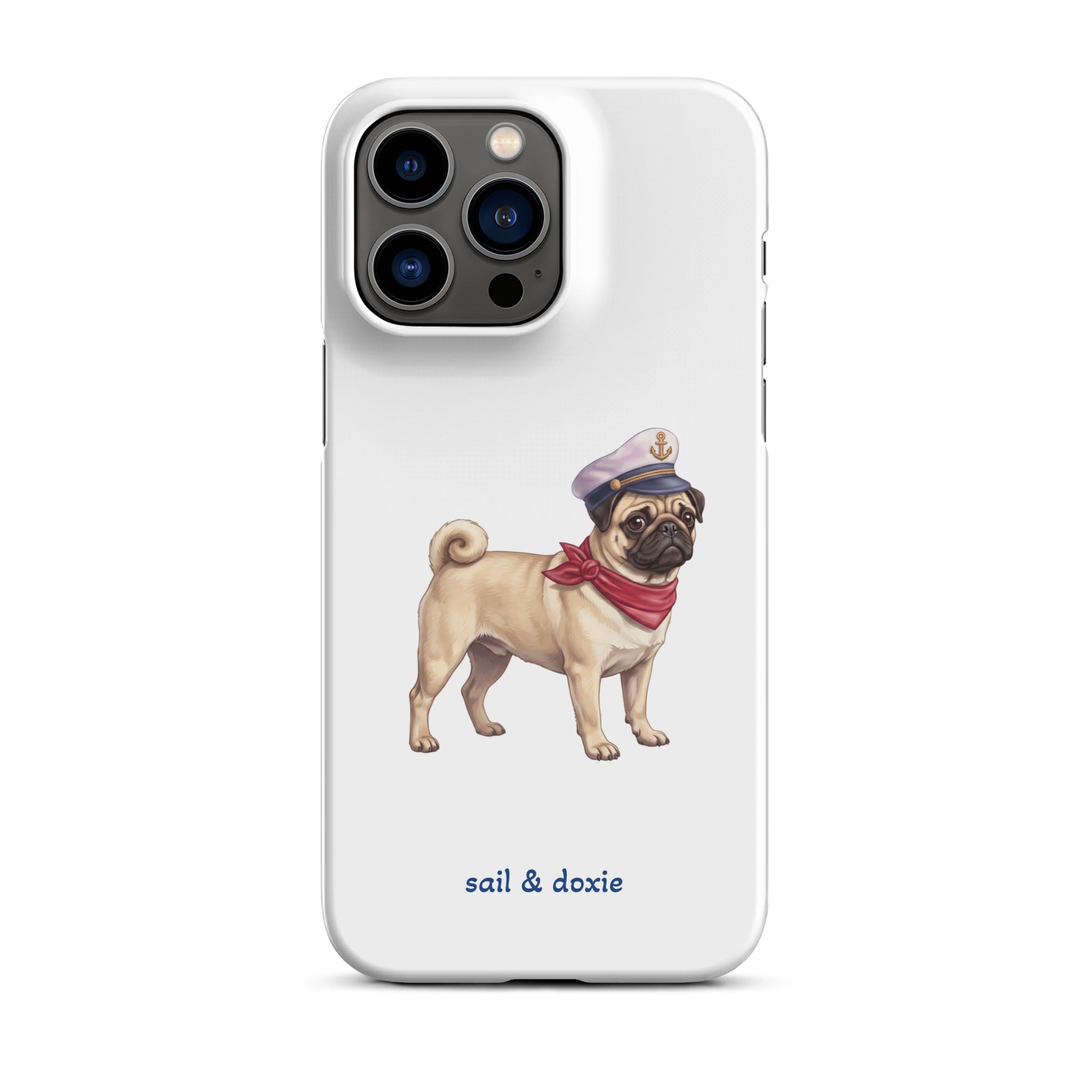 A white phone case featuring an illustration of a pug wearing a navy captain's hat and red neck scarf, with the text 'sail & doxie' printed below in blue. 