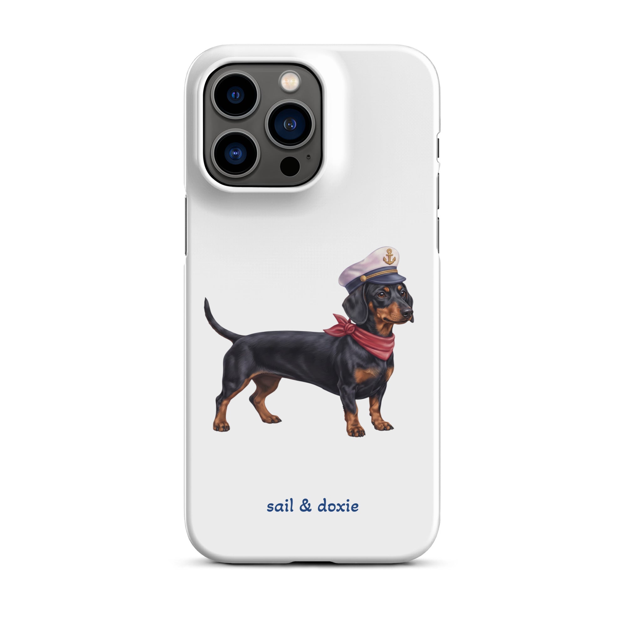 Sail & Doxie iPhone Case – Dachshund (black & tan) with captain's hat on a white background