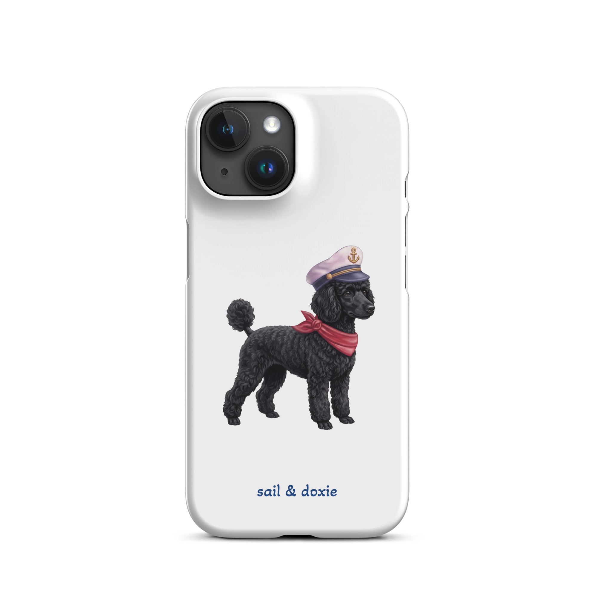 A white phone case featuring a printed illustration of a black poodle wearing a navy captain's hat and red scarf, with the text 'sail & doxie' printed below in blue. The case is shown on a clean white background.
