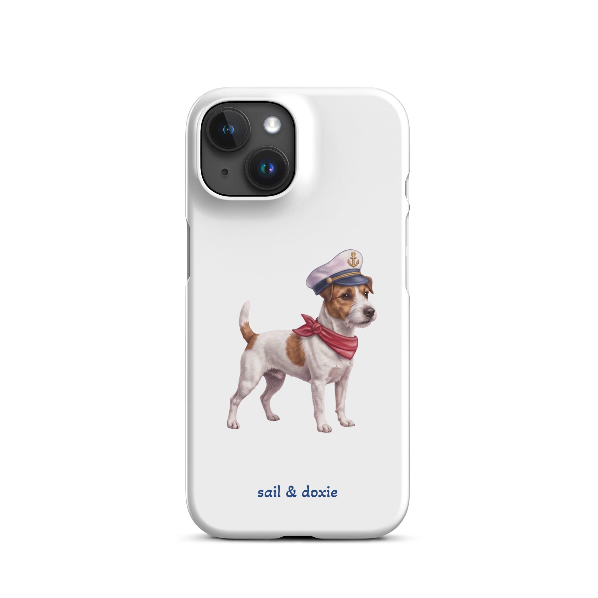A white phone case featuring an illustration of a Jack Russell Terrier dressed as a sailor with a captain's hat and red neck scarf, with the text 'sail & doxie' printed below.