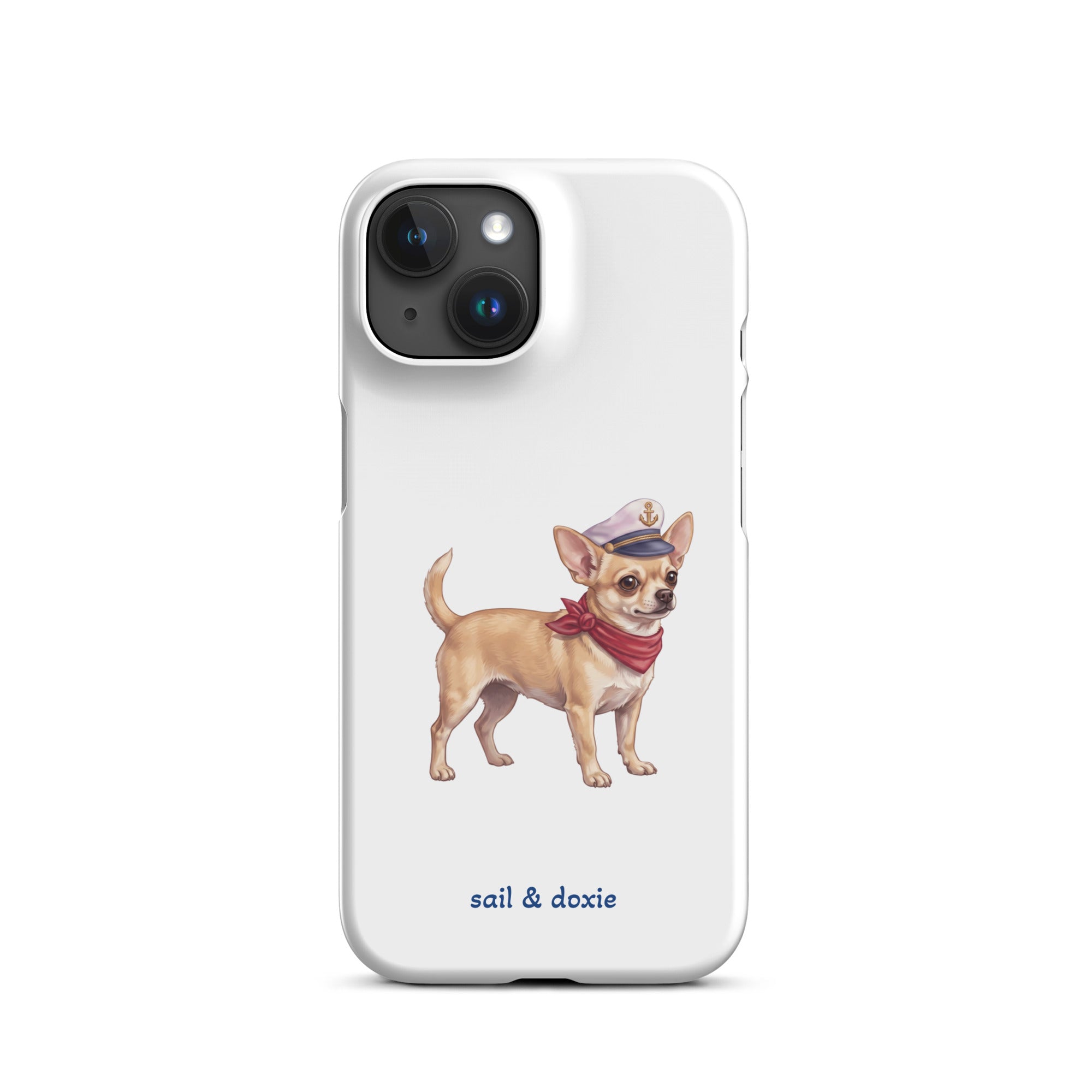 Sail & Doxie iPhone Case with a Chihuahua  Captain on a white background.