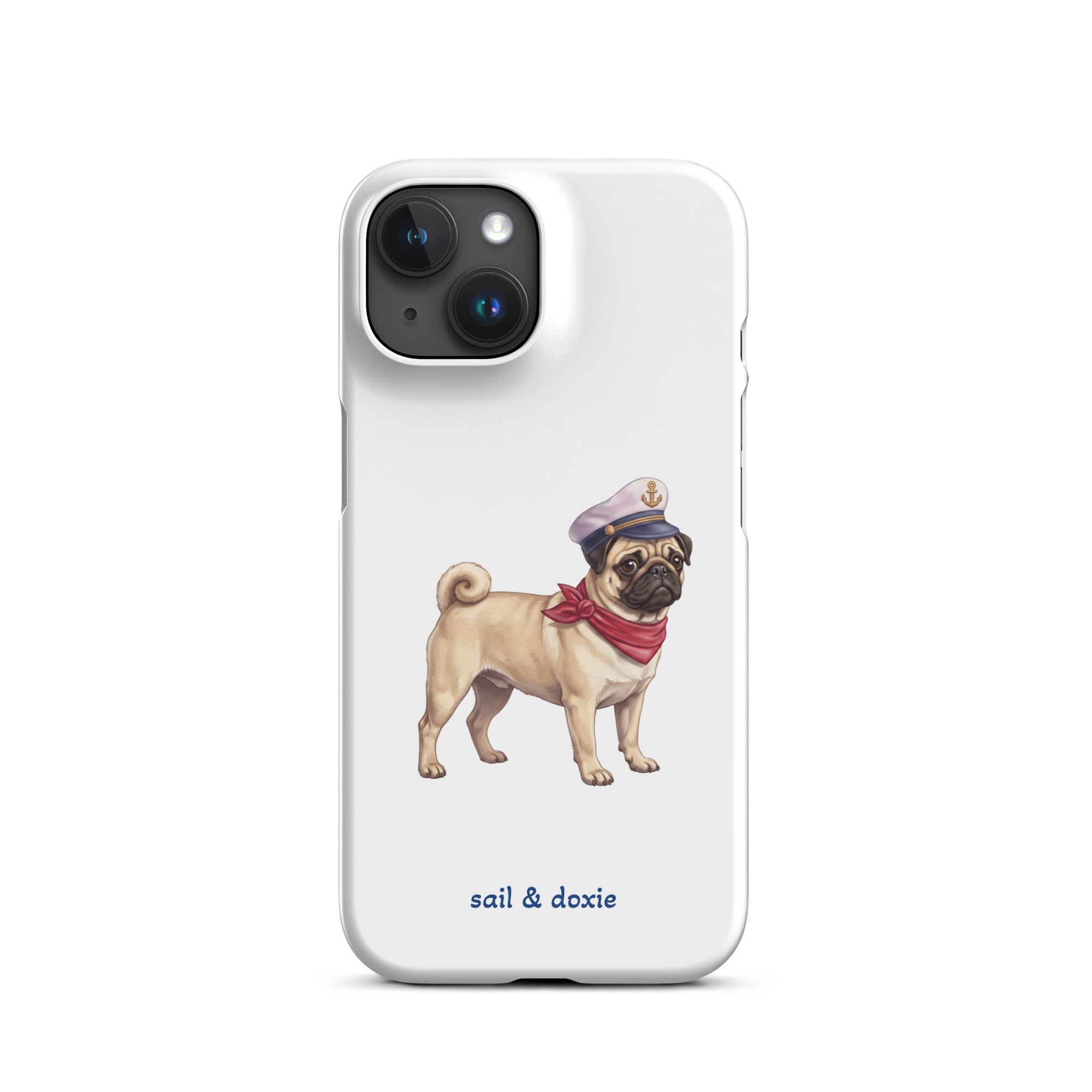 A white phone case featuring an illustration of a pug wearing a navy captain's hat and red neck scarf, with the text 'sail & doxie' printed below in blue. 