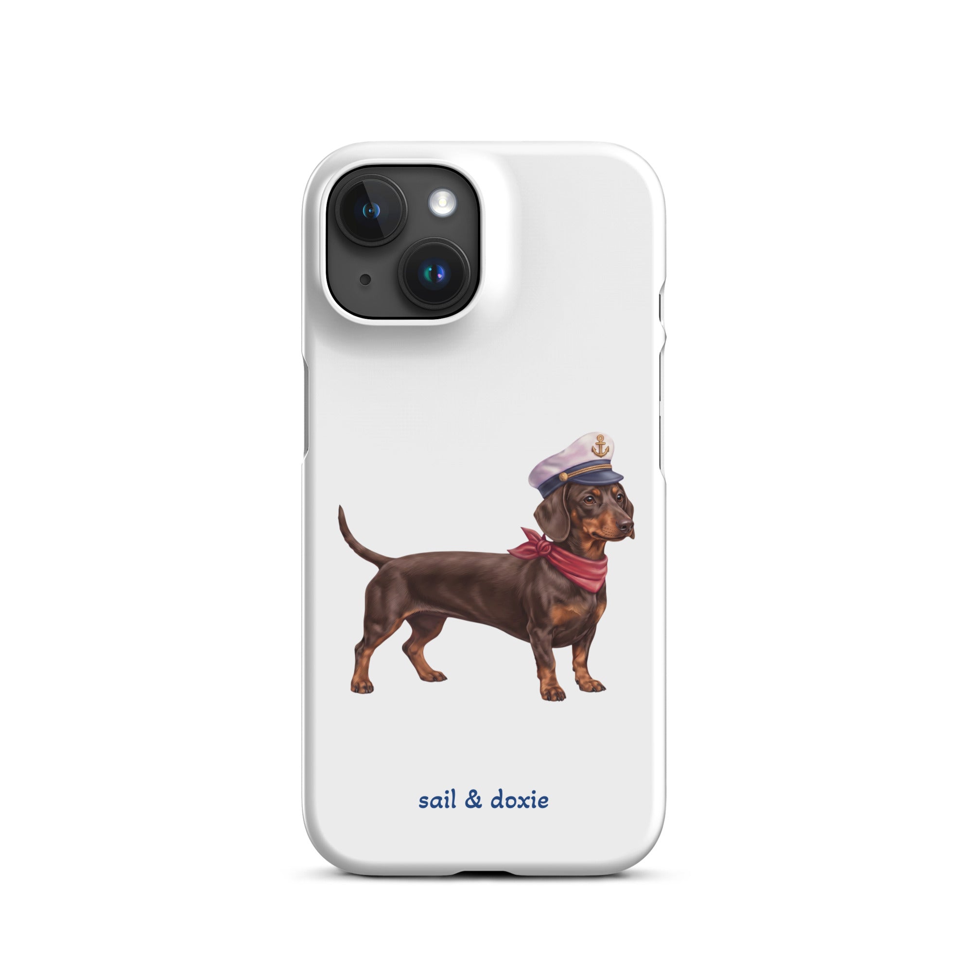 Sail & Doxie iPhone Case – Dachshund (chocolate) with captain's hat on a white background