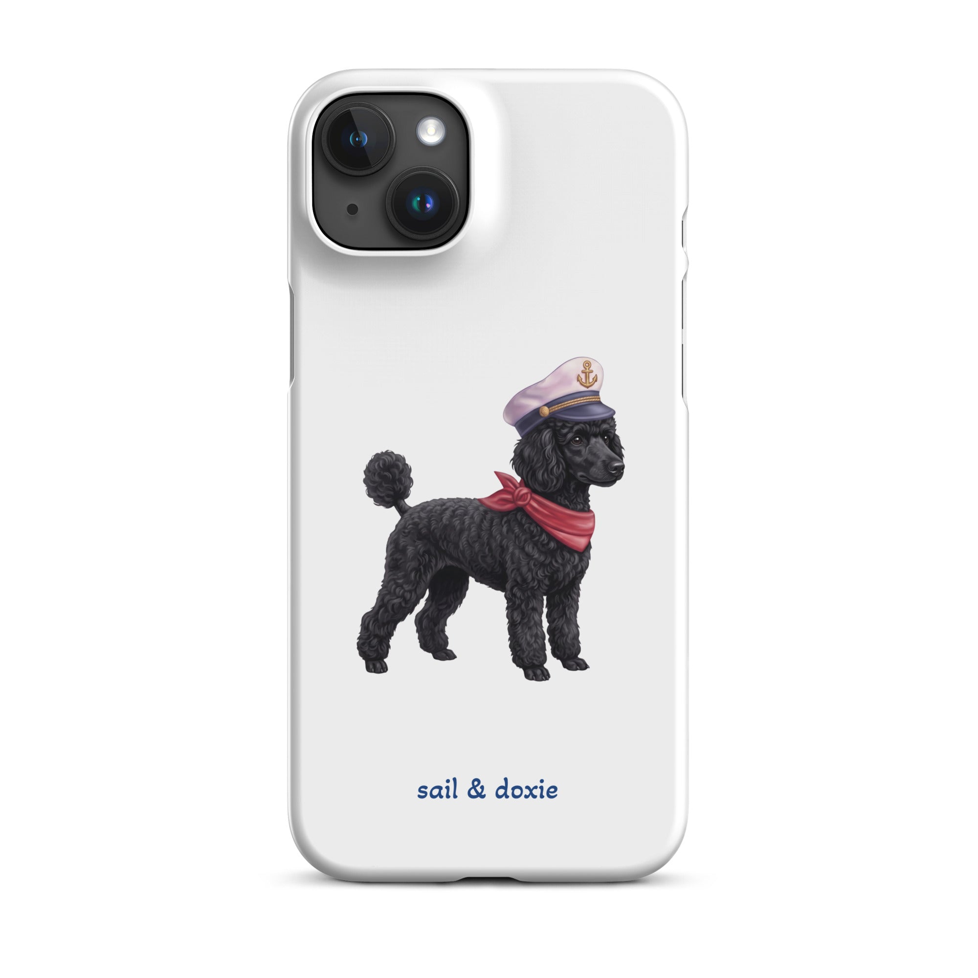 A white phone case featuring a printed illustration of a black poodle wearing a navy captain's hat and red scarf, with the text 'sail & doxie' printed below in blue. The case is shown on a clean white background.