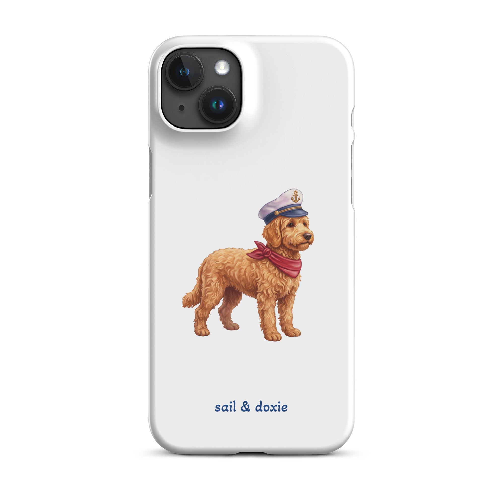 A white phone case featuring a printed illustration of a doodle dog wearing a captain's hat and red neck scarf, with the text 'sail & doxie' printed below in blue. The case is shown on a clean white background.